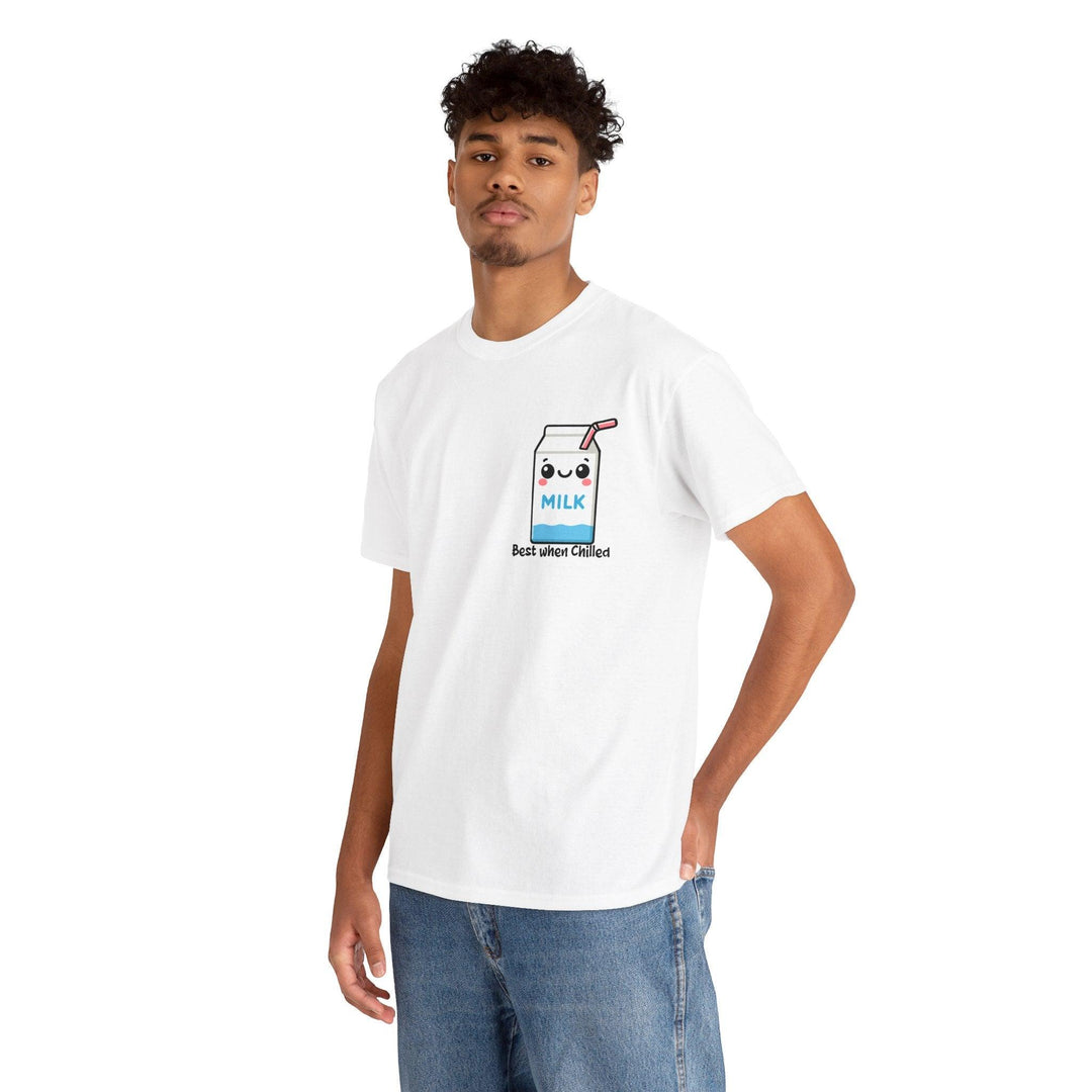 "White T-shirt featuring a cute illustration of a cartoon milk carton with the phrase 'Best When Chilled.' Made from 100% recycled cotton, this fun and eco-friendly tee promotes a relaxed and cool vibe."

