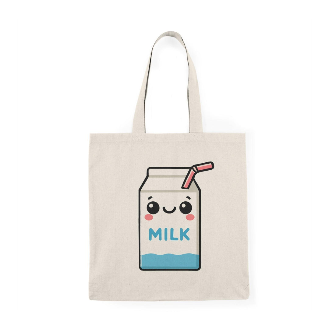 Tote bag featuring an adorable illustration of a cartoon milk carton with a smiling face and playful graphics. The cheerful design and bright colors make it a delightful accessory, perfect for milk lovers and anyone looking to add a fun touch to their everyday style