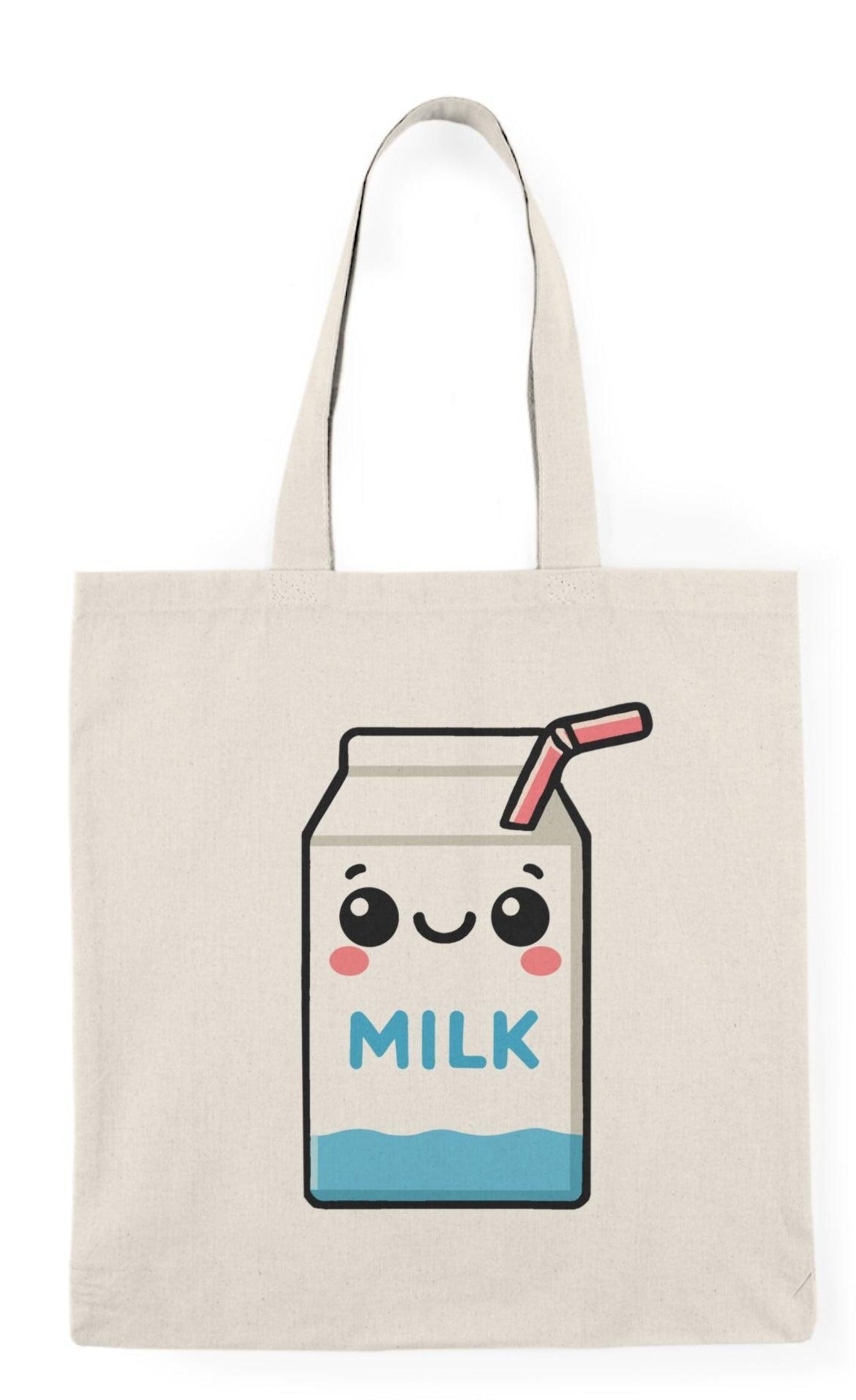 Tote bag featuring an adorable illustration of a cartoon milk carton with a smiling face and playful graphics. The cheerful design and bright colors make it a delightful accessory, perfect for milk lovers and anyone looking to add a fun touch to their everyday style