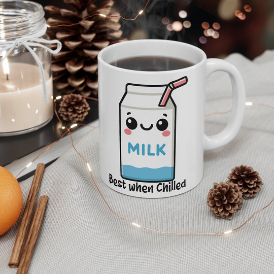 White ceramic mug featuring a cute milk carton with the playful phrase 'Best When Chilled,' perfect for milk lovers or a fun gift