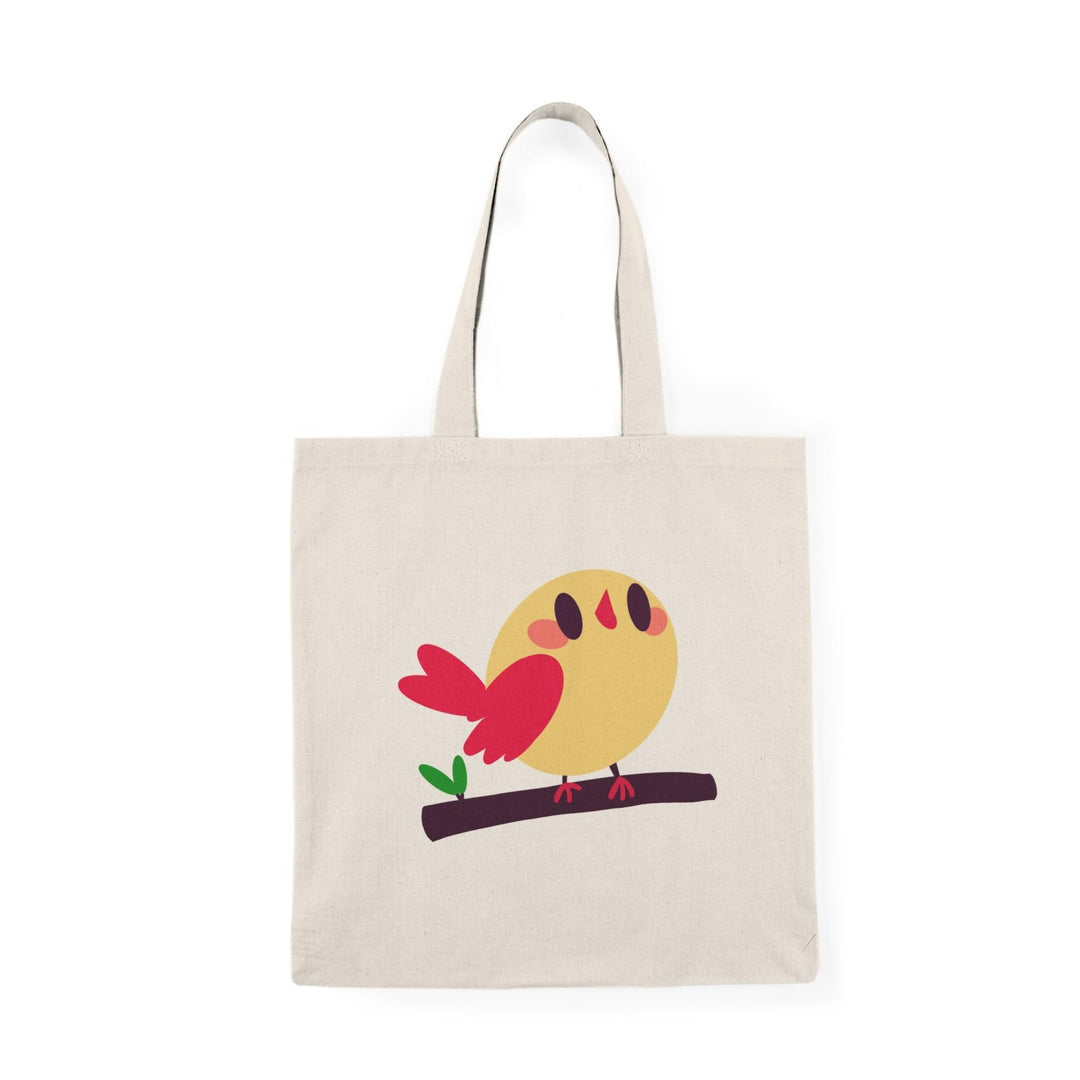 Tote bag featuring a charming illustration of a cartoon bird perched on a branch, surrounded by whimsical foliage. The vibrant colors and playful design create a cheerful and uplifting accessory, perfect for bird lovers and anyone looking to add a touch of nature-inspired fun to their everyday style.