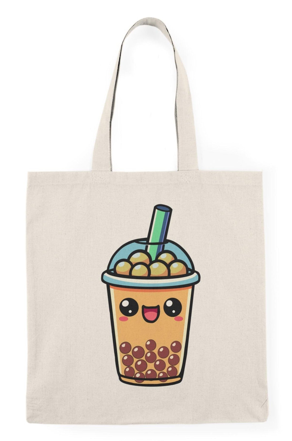 "Tote bag featuring a fun illustration of a cartoon bubble tea cup, complete with colorful tapioca pearls and a playful straw. The vibrant design and cheerful colors make it an adorable accessory for bubble tea enthusiasts, perfect for carrying essentials while showcasing a love for this trendy drink.