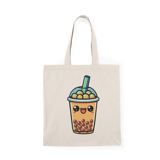 "Tote bag featuring a fun illustration of a cartoon bubble tea cup, complete with colorful tapioca pearls and a playful straw. The vibrant design and cheerful colors make it an adorable accessory for bubble tea enthusiasts, perfect for carrying essentials while showcasing a love for this trendy drink.