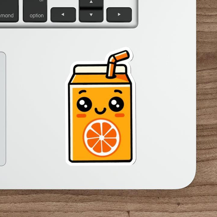 A cute and quirky waterproof sticker of a cartoon orange juice box with a straw. Perfect for adding a refreshing touch to your items KEOLIX 