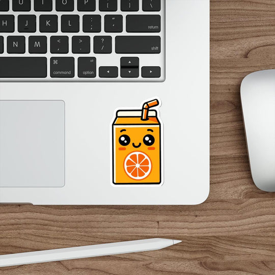 A cute and quirky waterproof sticker of a cartoon orange juice box with a straw. Perfect for adding a refreshing touch to your items - Baby Keo