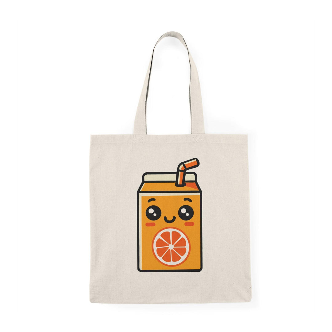 tote bag featuring an adorable illustration of a cartoon orange juice carton with a cheerful face and vibrant colors. The playful design adds a refreshing and fun touch, making it a perfect accessory for juice lovers and anyone looking to brighten up their everyday style."