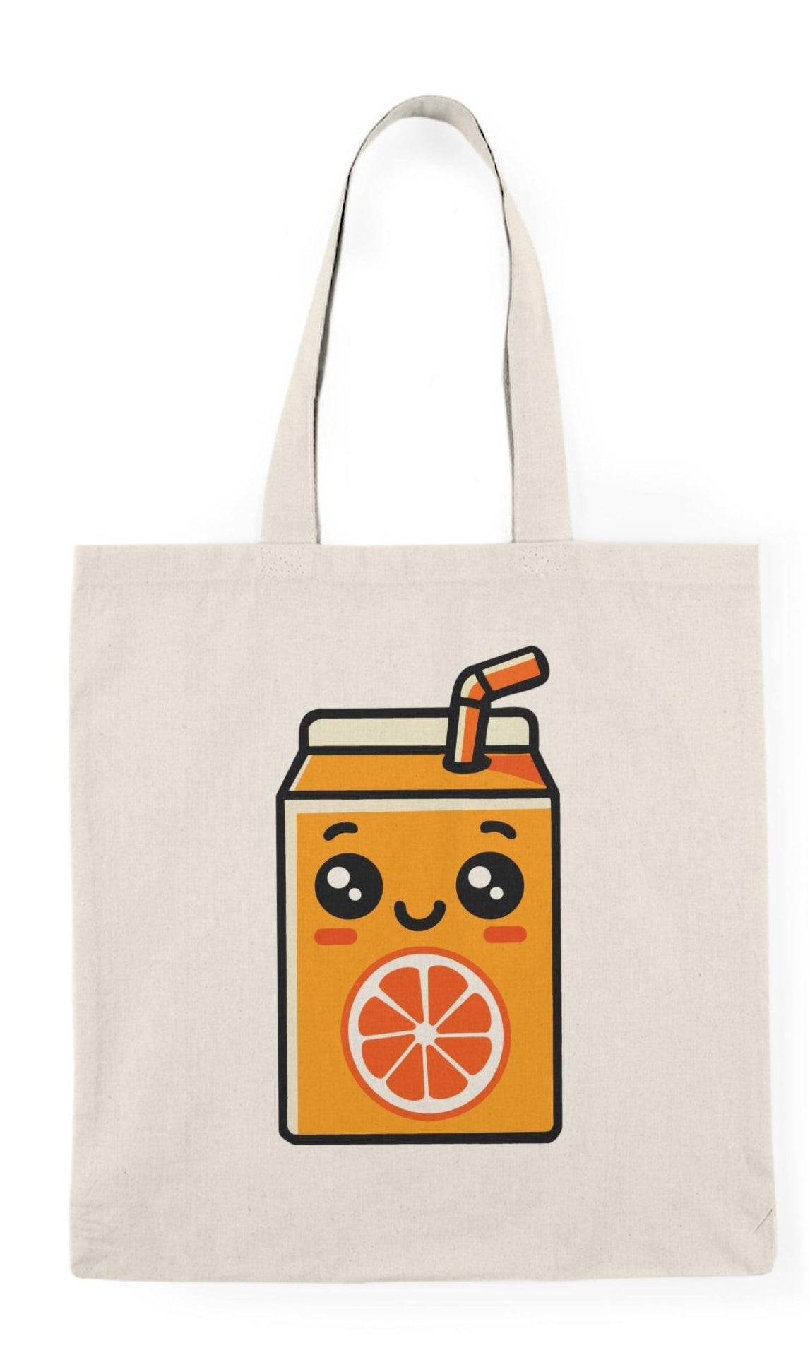 tote bag featuring an adorable illustration of a cartoon orange juice carton with a cheerful face and vibrant colors. The playful design adds a refreshing and fun touch, making it a perfect accessory for juice lovers and anyone looking to brighten up their everyday style."