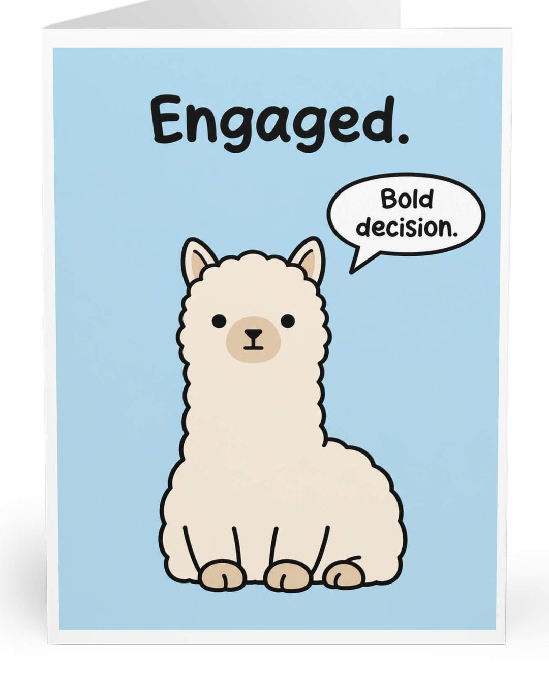 A folded greeting card shown standing upright on a white background. The front has a light blue background with the word &