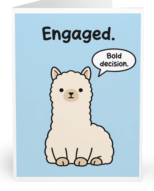 A folded greeting card shown standing upright on a white background. The front has a light blue background with the word &
