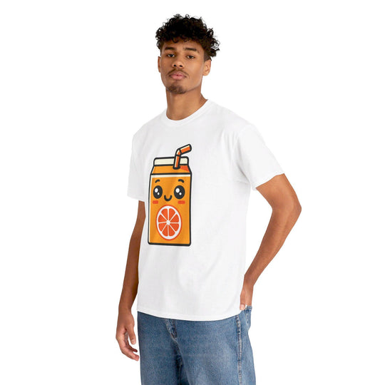 White T-shirt with a cute cartoon orange juice box, smiling with a straw. A playful and colorful design, great for fans of whimsical and food-themed artwork