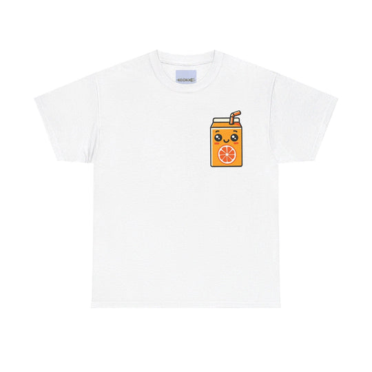 White T-shirt with a cute cartoon orange juice box, smiling with a straw. A playful and colorful design, great for fans of whimsical and food-themed artwork