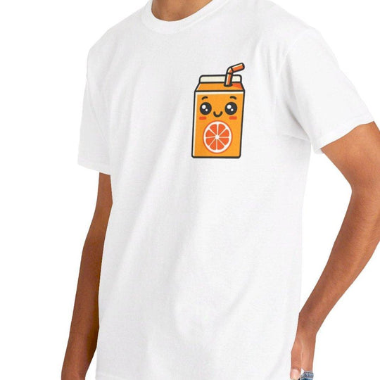 White T-shirt with a cute cartoon orange juice box, smiling with a straw. A playful and colorful design, great for fans of whimsical and food-themed artwork
