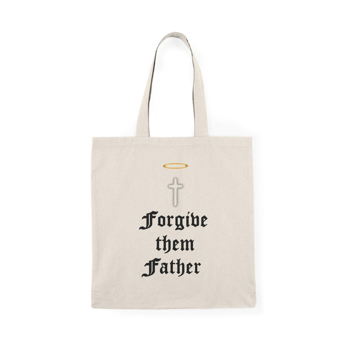 Tote bag made from 100% recycled cotton, featuring a poignant design of a cross with a halo and the phrase 'Forgive Them Father.' Measuring 40 x 38cm, this lightweight yet durable bag is perfect for carrying daily essentials while making a powerful statement about forgiveness and sustainability.