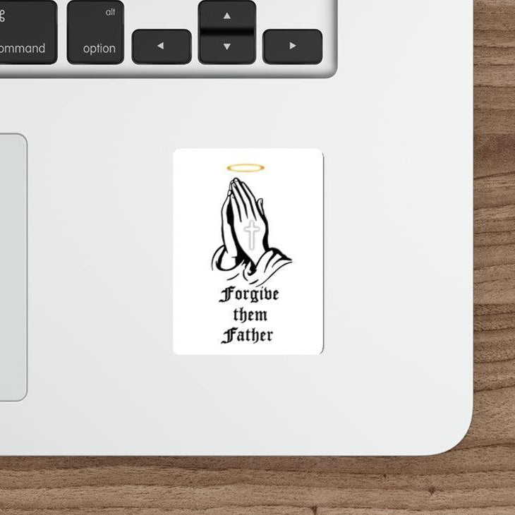 White 'Forgive Them Father' waterproof sticker with a thoughtful design, ideal for bold statements. KEOLIX 