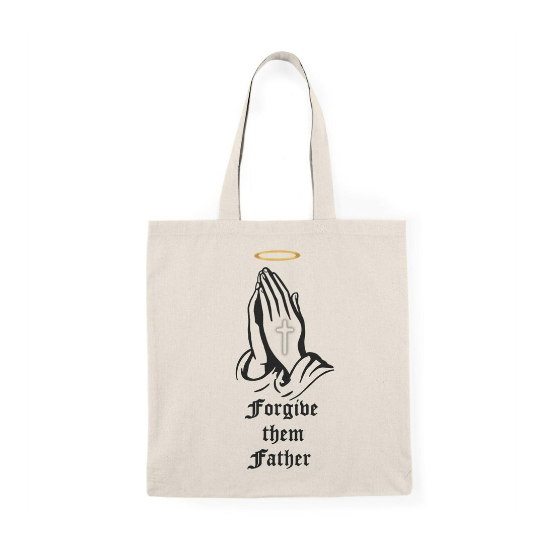 Tote bag made from 100% recycled cotton, featuring a striking design of a cross with a halo, accompanied by the impactful phrase 'Forgive Them Father.' Measuring 40 x 38cm (15.7 x 15 inches) and weighing 130-135 gsm, this lightweight yet sturdy bag is perfect for daily essentials, making a meaningful statement about forgiveness and eco-conscious living."