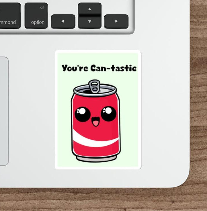 You're Can-tastic Waterproof soda Sticker KEOLIX – A bright red soda can cartoon character with a cheerful expression and the text "You're Can-tastic." A fun and positive way to celebrate someone special.