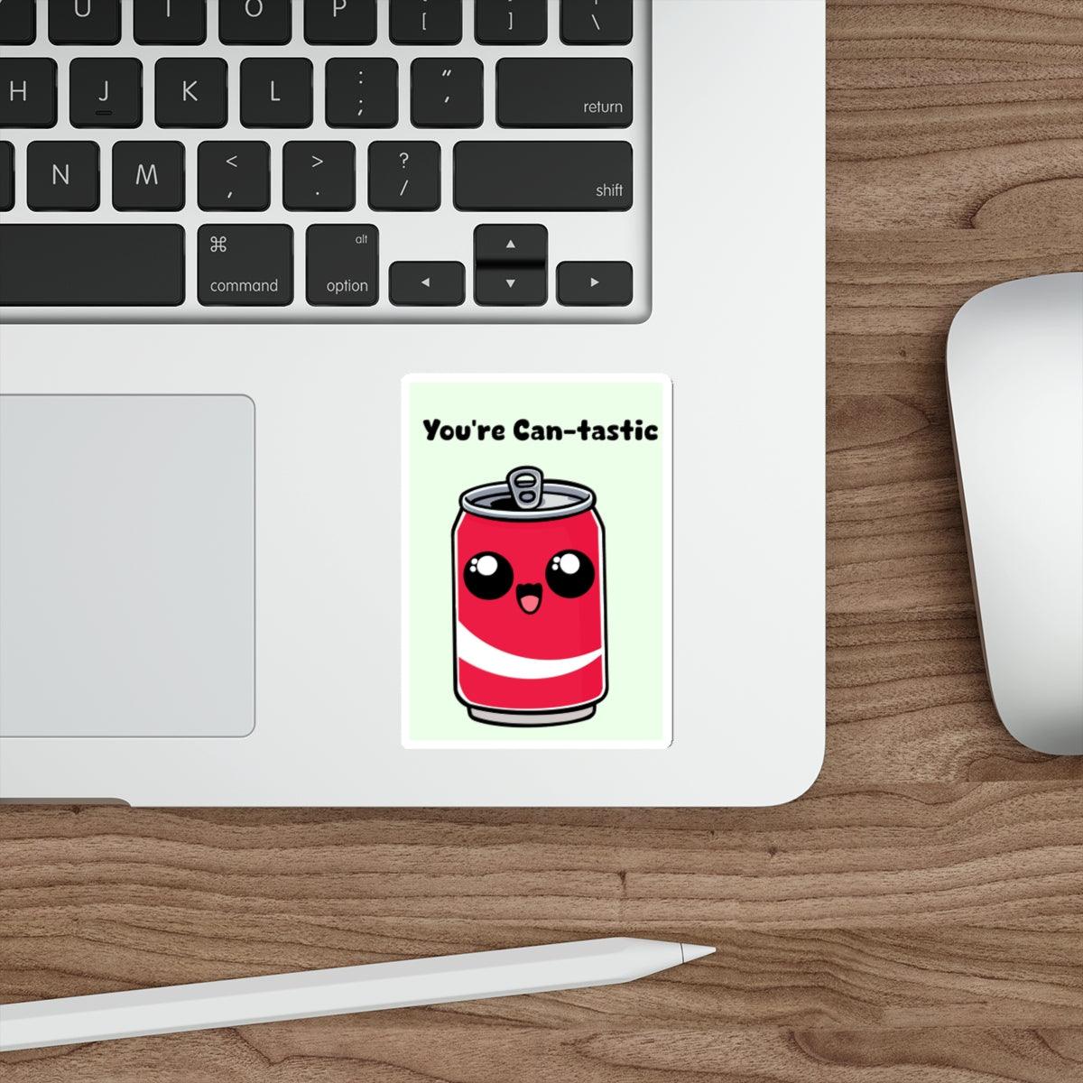 You're Can-tastic Waterproof soda Sticker KEOLIX – A bright red soda can cartoon character with a cheerful expression and the text "You're Can-tastic." A fun and positive way to celebrate someone special.