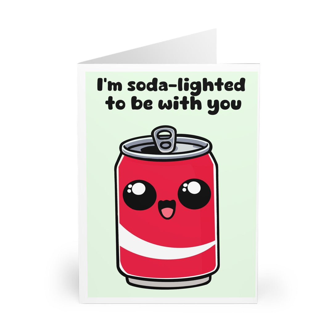 Cute greeting card featuring a smiling red soda can with the phrase 'I’m Soda-Lighted to Be with You.' A fun and pun-filled way to express excitement and affection - Baby Keo.