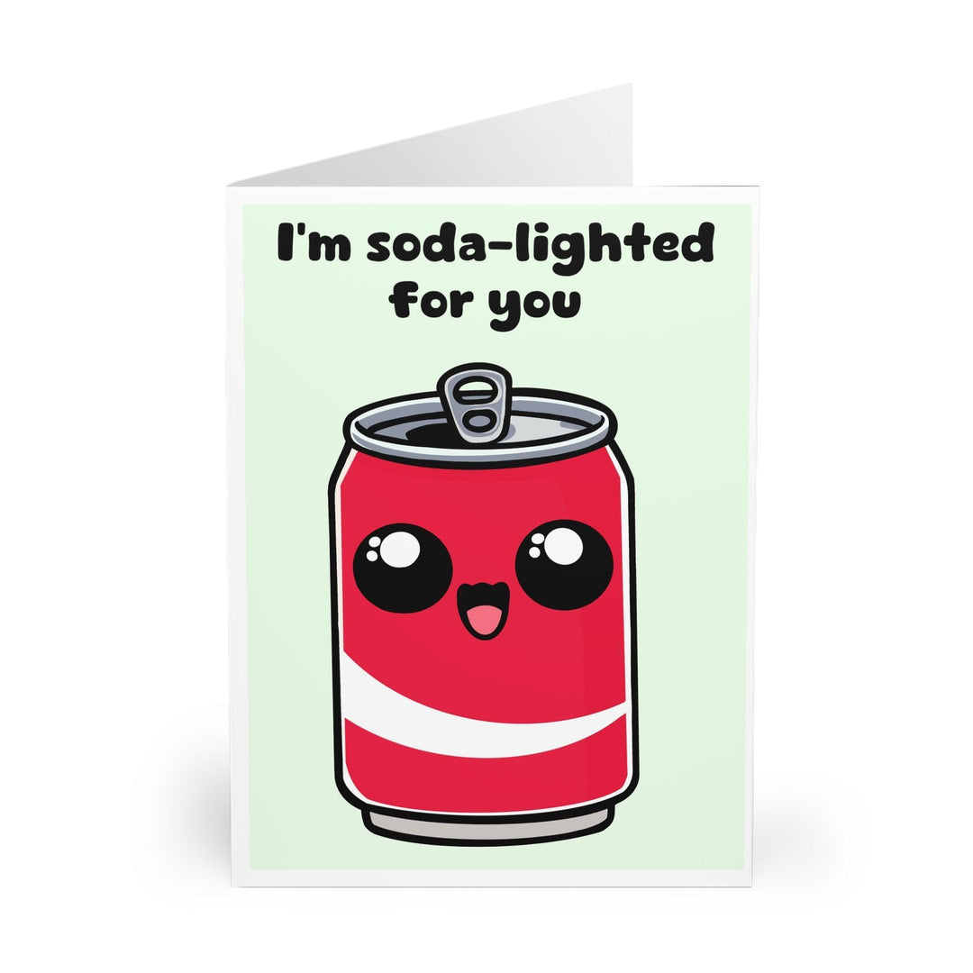 Adorable greeting card featuring a smiling soda can with the phrase 'I’m Soda-Lighted for You.' A fun and pun-filled way to express excitement and affection - Baby Keo.