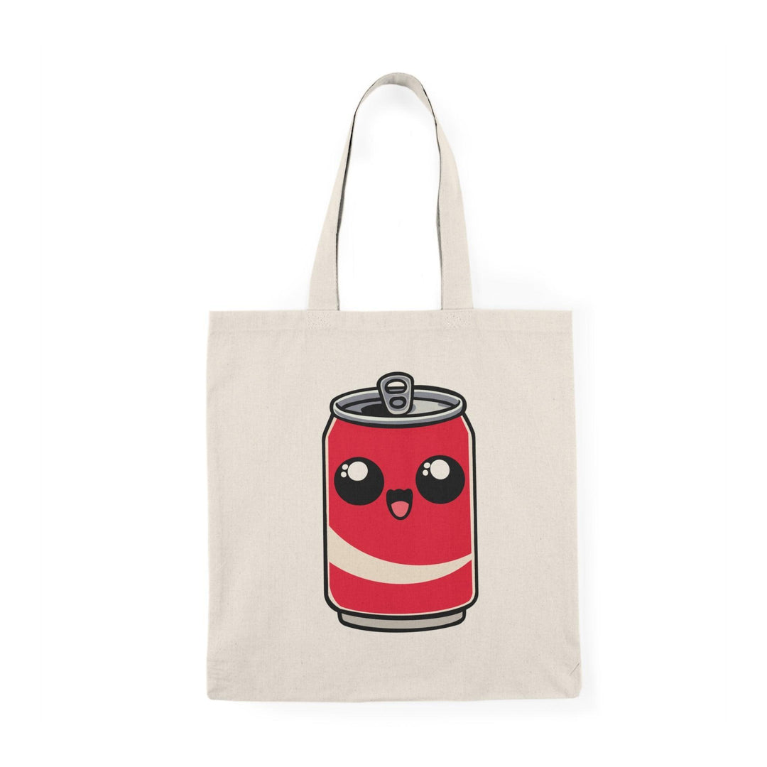 Tote bag featuring a playful illustration of a cute cartoon soda can, complete with a smiling face and vibrant colors. This fun design adds a lively touch to your everyday carry, making it an ideal accessory for soda lovers and anyone looking to express their playful style.