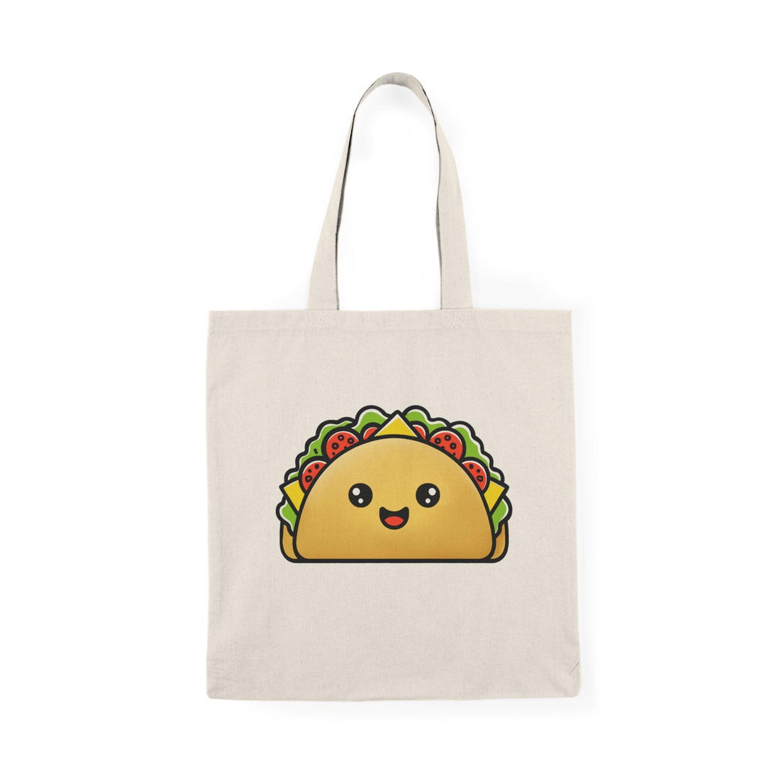 Tote bag featuring a playful illustration of a cartoon taco, overflowing with colorful ingredients like lettuce, cheese, and salsa. The vibrant design and fun graphics make it a delightful accessory for taco lovers and a cheerful addition to any casual outfit.