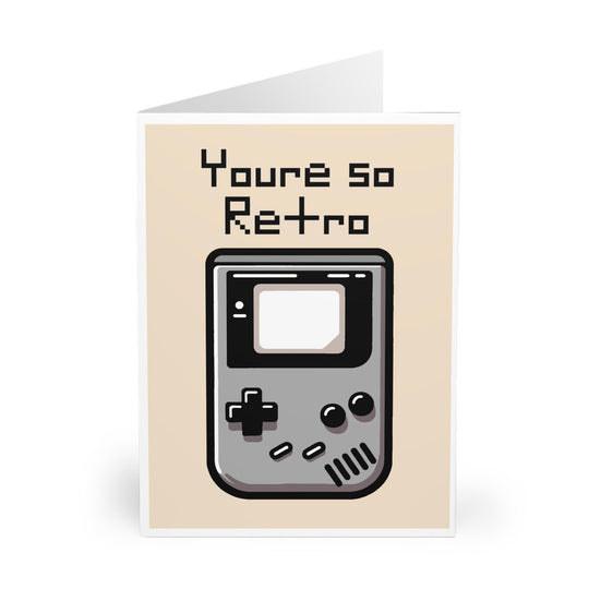Retro-themed card featuring a Gameboy illustration with the phrase &