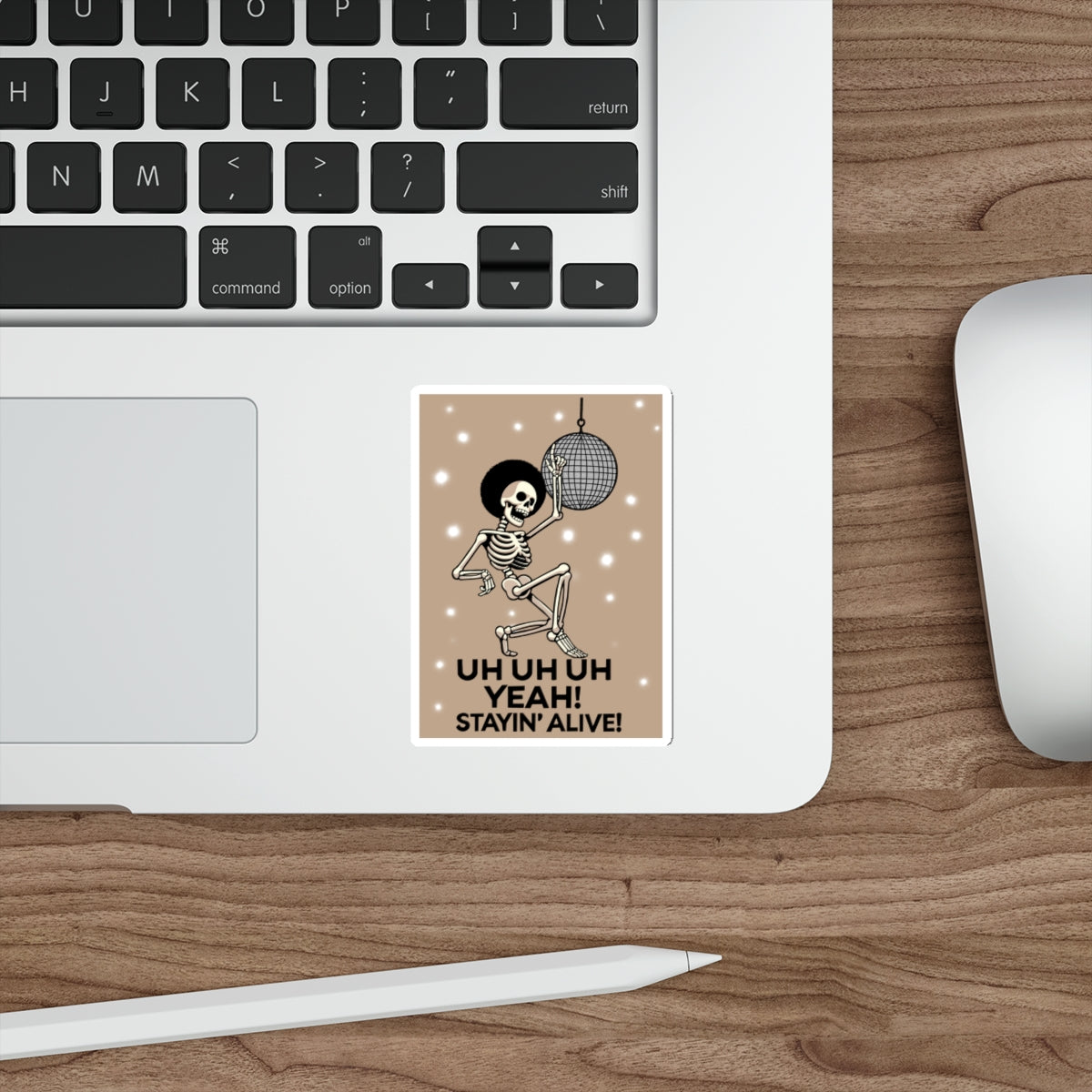 Stayin’ Alive Skeleton Waterproof Sticker: A playful skeleton doing a disco dance with a quote "Stayin' Alive," adding a humorous touch to any item while keeping the retro disco vibes alive. KEOLIX