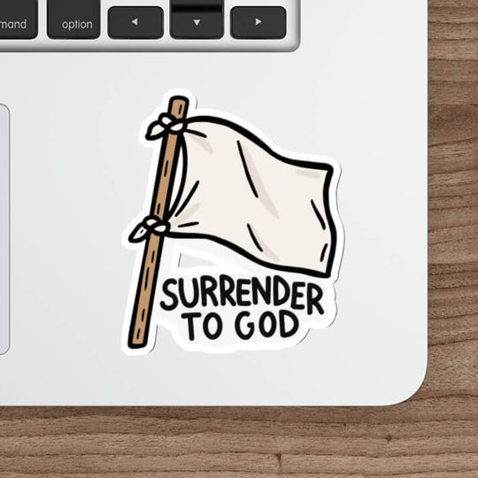 Surrender to God Christian sticker featuring a hand-drawn white surrender flag with bold black lettering