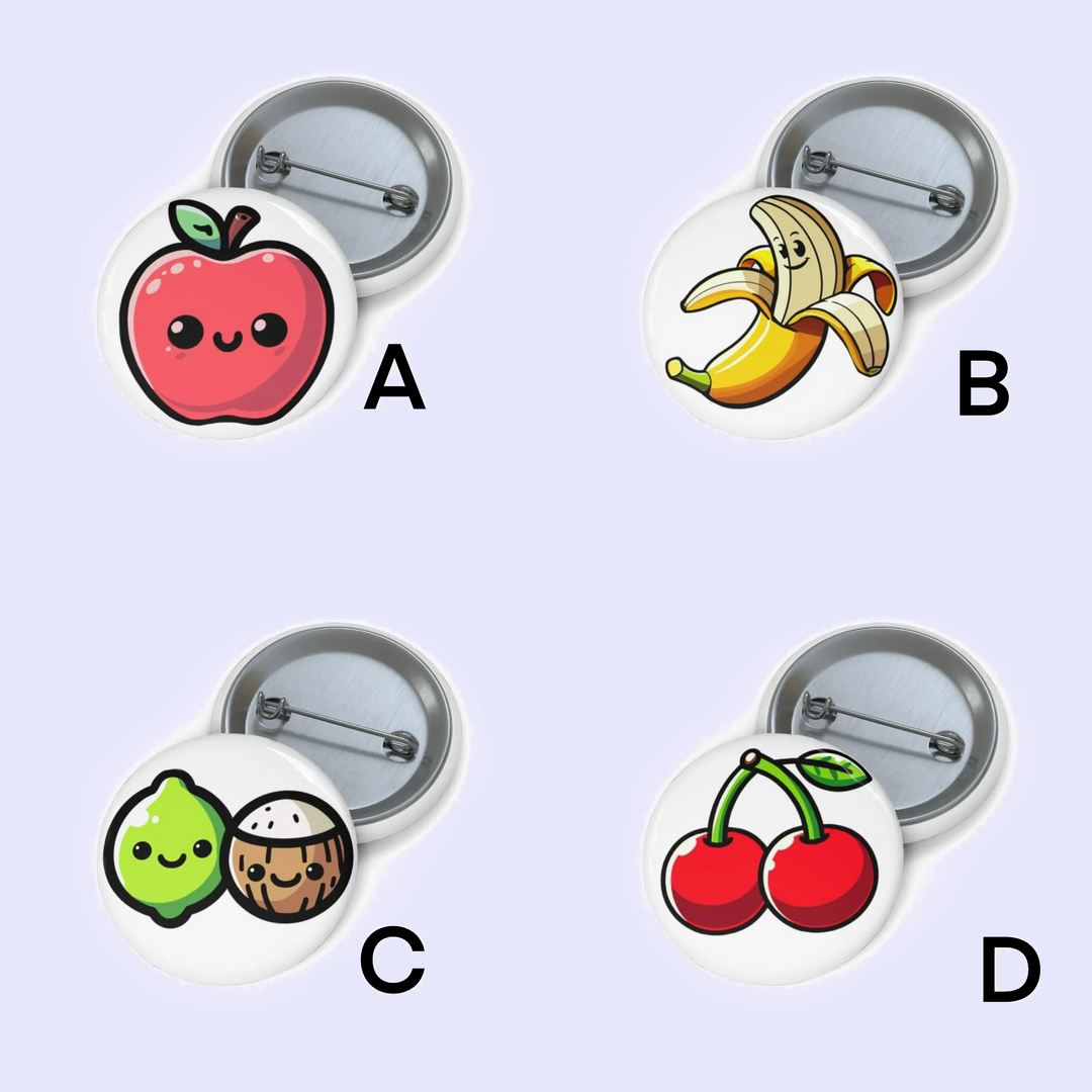  A: "Pin badge of a cheerful red apple with eyes and a smile, complete with a green leaf." B: "Pin badge illustrating a peeled banana with a cute face, looking relaxed." C: "Pin badge with a pair of cartoon coconuts, showing smiling faces and blush marks." D: "Pin badge featuring two bright red cherries connected at their stems, both with smiling faces."