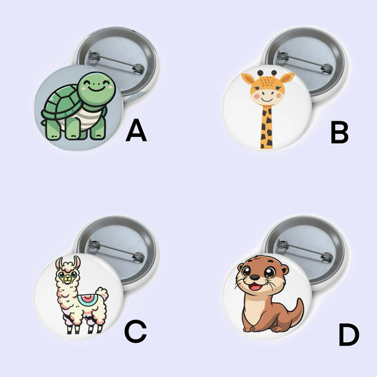 A: "Pin badge featuring a cheerful green turtle with a happy smile and detailed shell, depicted in a cute cartoon style."

B: "Pin badge displaying a playful giraffe with a large, friendly smile and a long neck adorned with iconic orange and black spots."

C: "Pin badge showcasing a colorful llama, illustrated in a whimsical style with pastel fur and decorative saddle."

D: "Pin badge depicting a cute, brown otter lying on its back, smiling broadly, with a light tan belly."

