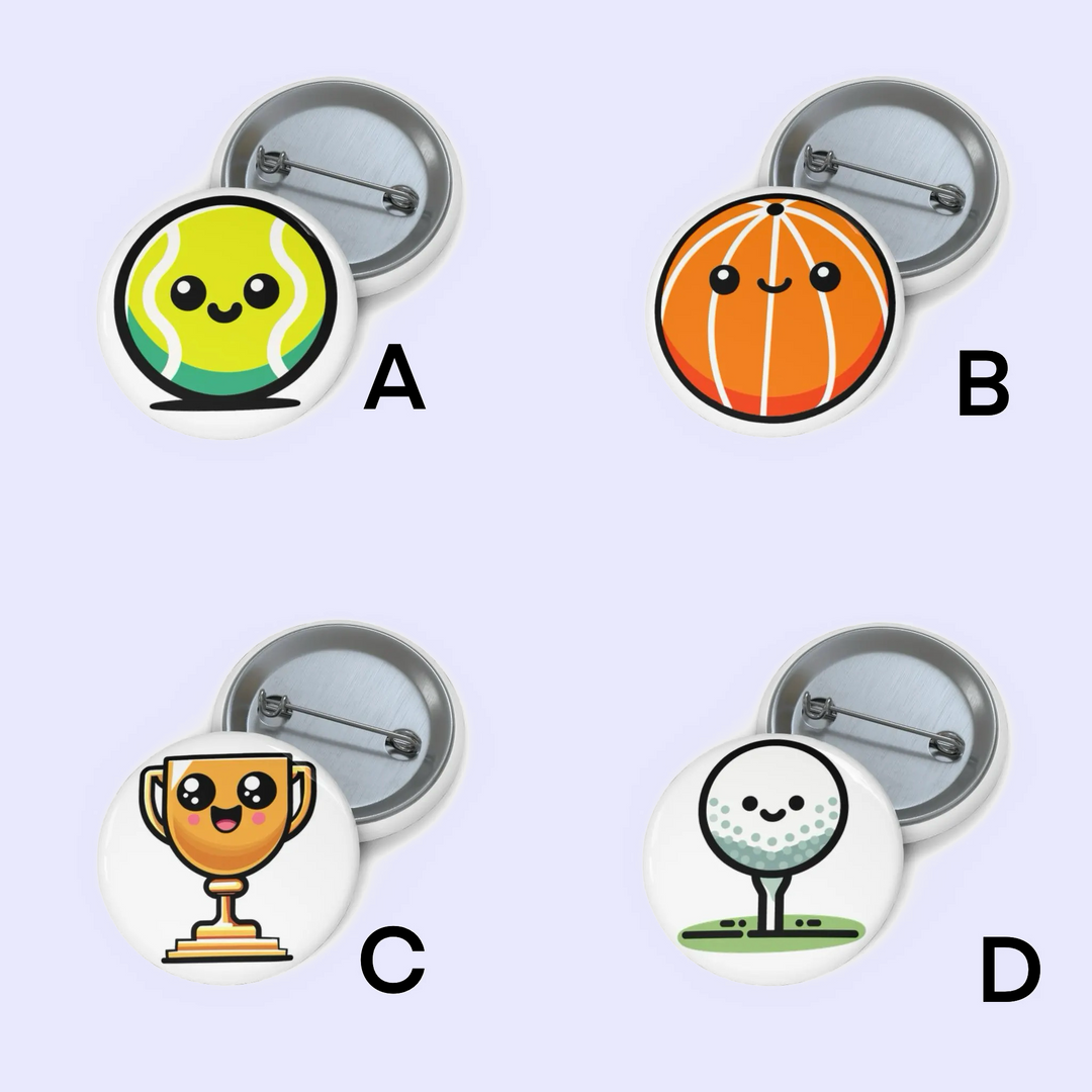 A: "Pin badge featuring a cheerful green and yellow avocado character, exuding positivity and fun."
B: "Pin badge depicting an adorable orange basketball with a happy face, perfect for sports lovers."
C: "Pin badge showcasing a cute trophy with a smiling face, symbolizing achievement and success."
D: "Pin badge featuring a charming golf ball character with legs and a smiling face, appealing to golf enthusiasts."
