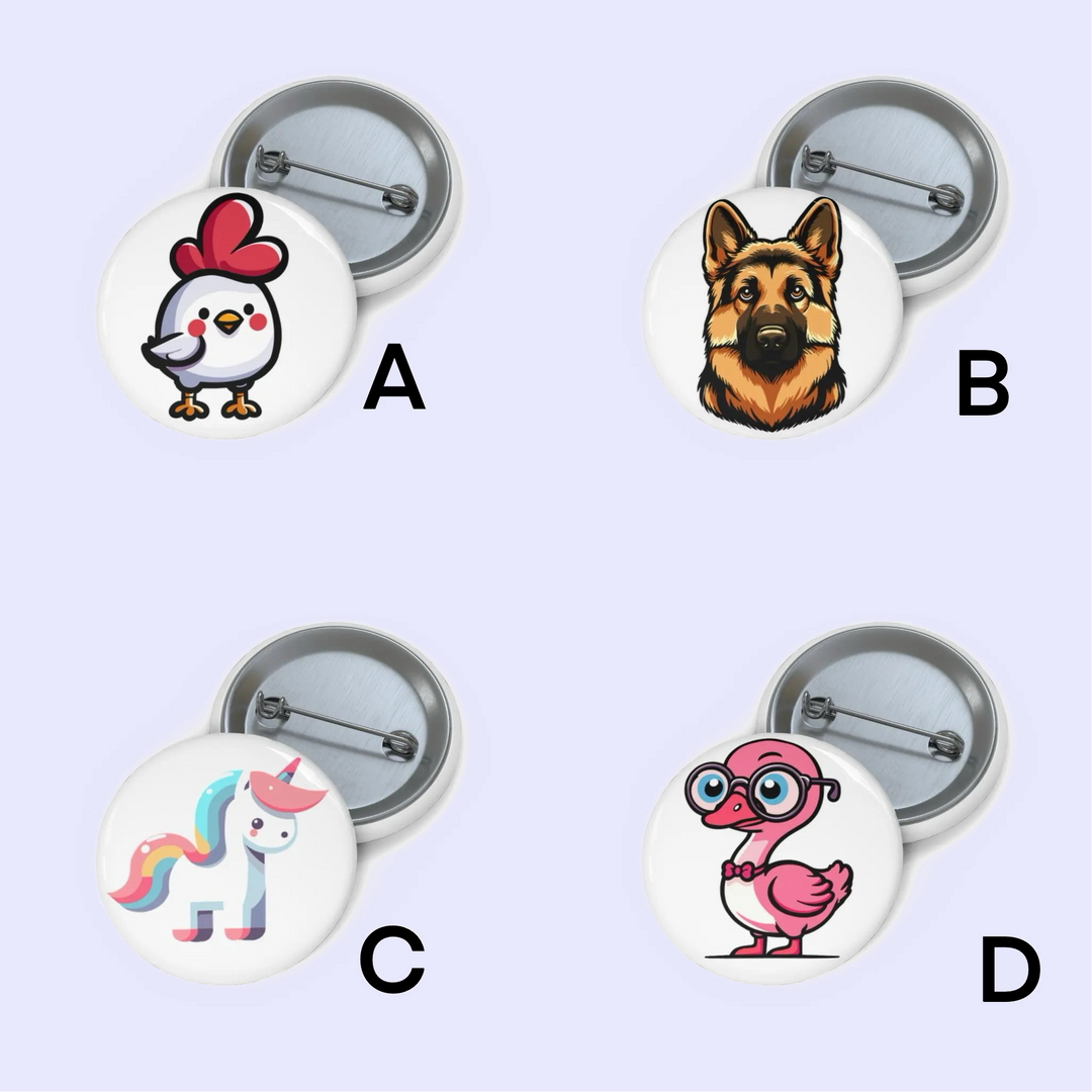 "Pin badge featuring a cute cartoon chicken with a red comb and a friendly expression."
B: "Pin badge of a realistic illustration of a German Shepherd dog."
C: "Pin badge with a colorful unicorn standing with a rainbow mane and tail."
D: "Pin badge featuring a quirky pink flamingo wearing glasses and a bow tie."