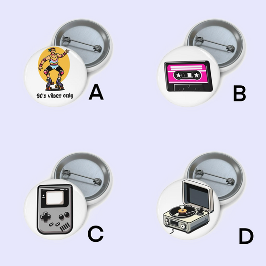 A: "Pin badge featuring a 90s roller-skater with bright retro clothing and the text &