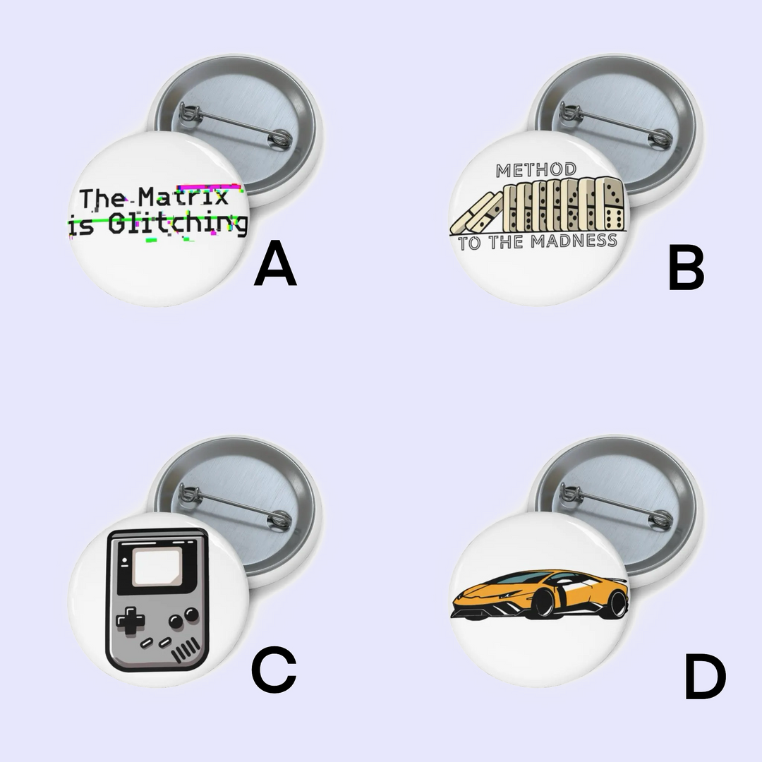 Check out these four awesome pin-back buttons from the Minimalistic Retro Pin Badge Bundle, all set against a cool light purple backdrop. Button A turns heads with its glitchy text proclaiming, "The Matrix is Glitching." Button B draws you in with a bookshelf adorned with "Method to the Madness." Get nostalgic with Button C as it flaunts a retro handheld gaming device that perfectly captures minimalist vibes. Finally, feast your eyes on button D's vibrant illustration of an orange Lamborghini sports car.