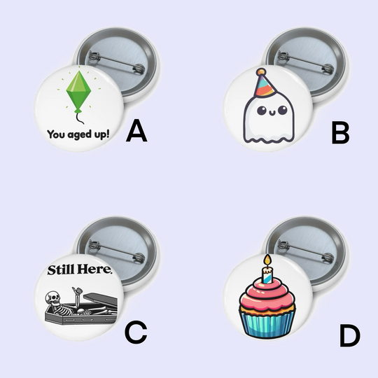 A: "Pin badge with a minimalist green arrow pointing upwards, surrounded by stars, with the playful text &