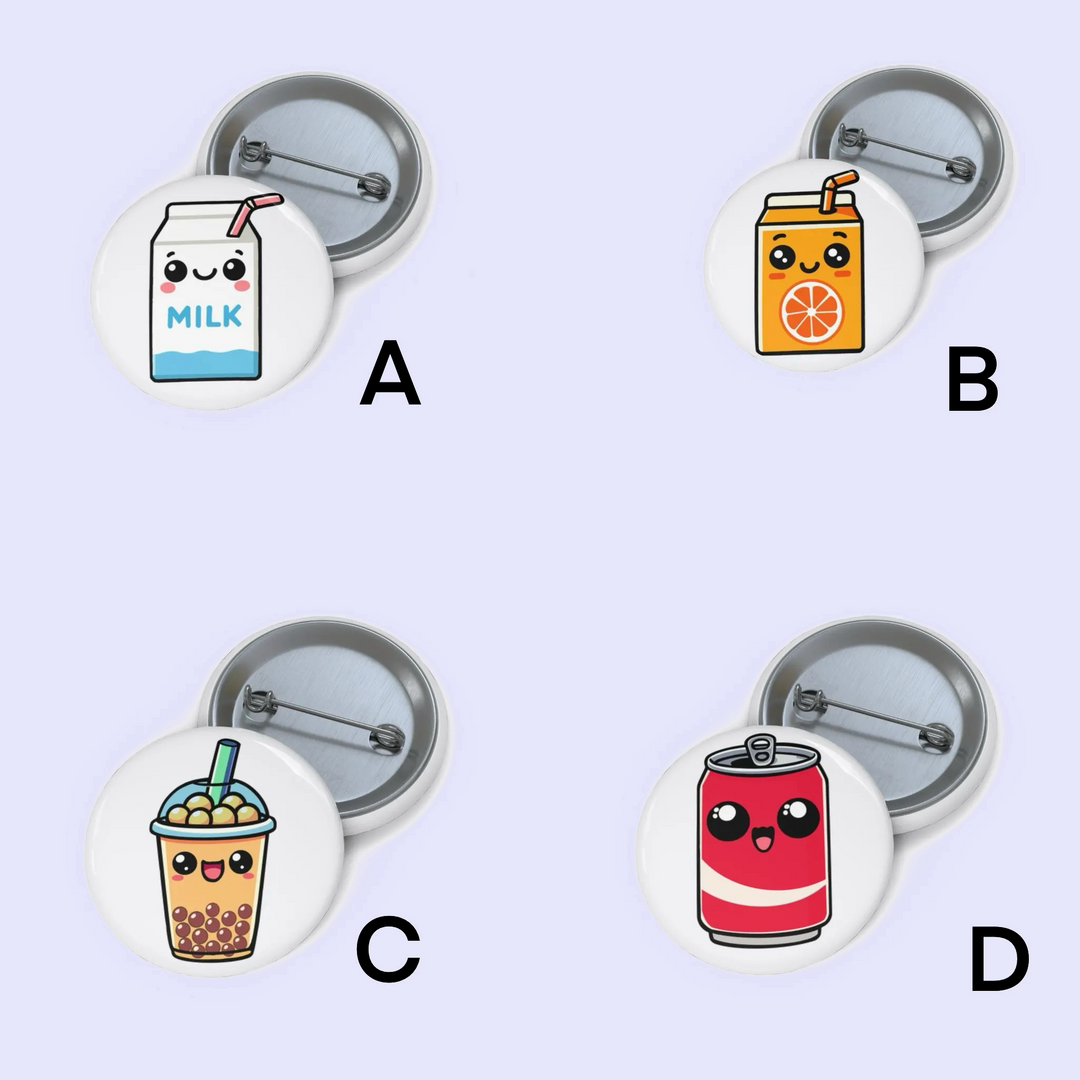 "Pin badge depicting a milk carton with a smiling face, labeled 'MILK'." B: "Pin badge showing an orange juice carton with a smiling face and orange slice garnish." C: "Pin badge of a bubble tea cup with a smiling face, filled with brown boba pearls." D: "Pin badge featuring a soda can with a smiling face and red label."

