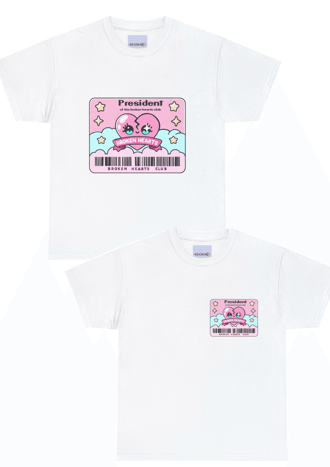 White T-shirt featuring a playful pink design of a membership card for the 'President of the Broken Hearts Club.' A fun and expressive design for those with a sense of humor about heartbreak.