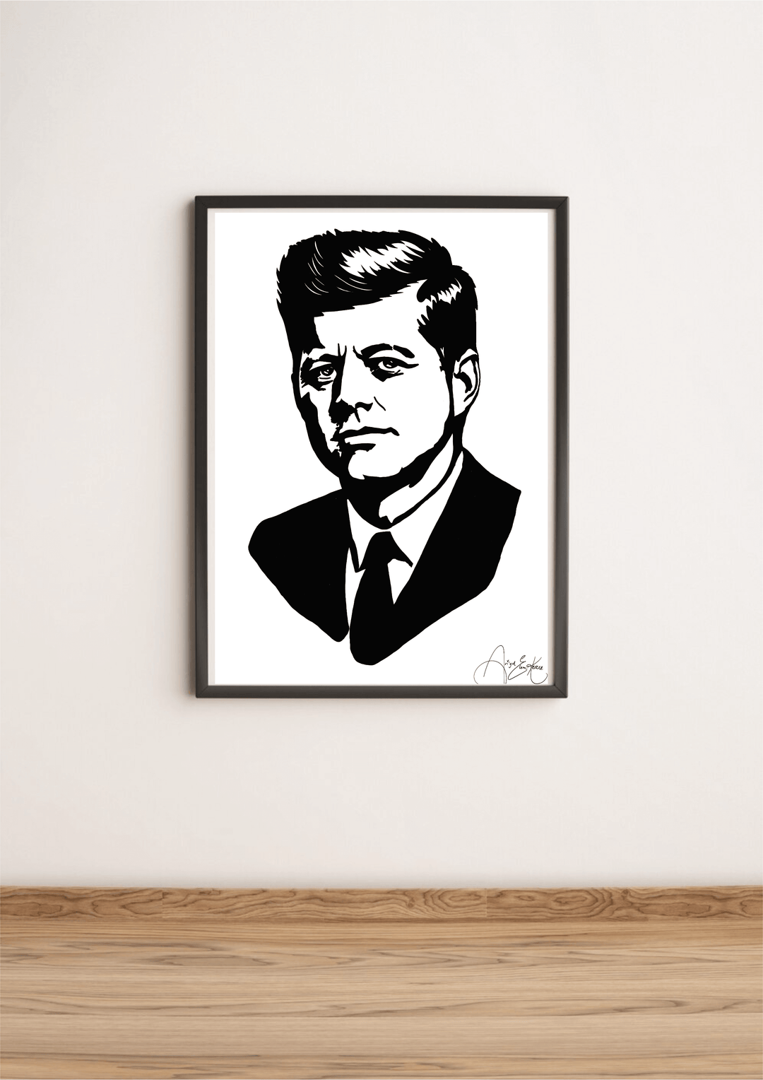 Black and white minimalist portrait illustration of a historic American leader with strong gaze and sharp suit silhouette, bold political style wall art print