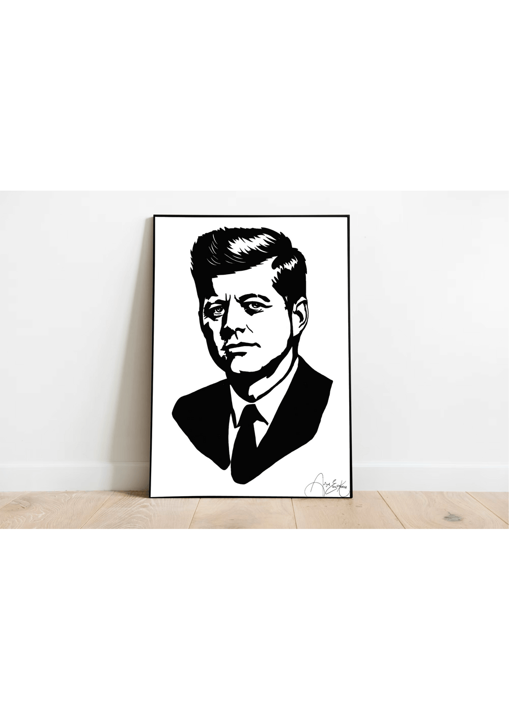 Black and white minimalist portrait illustration of a historic American leader with strong gaze and sharp suit silhouette, bold political style wall art print