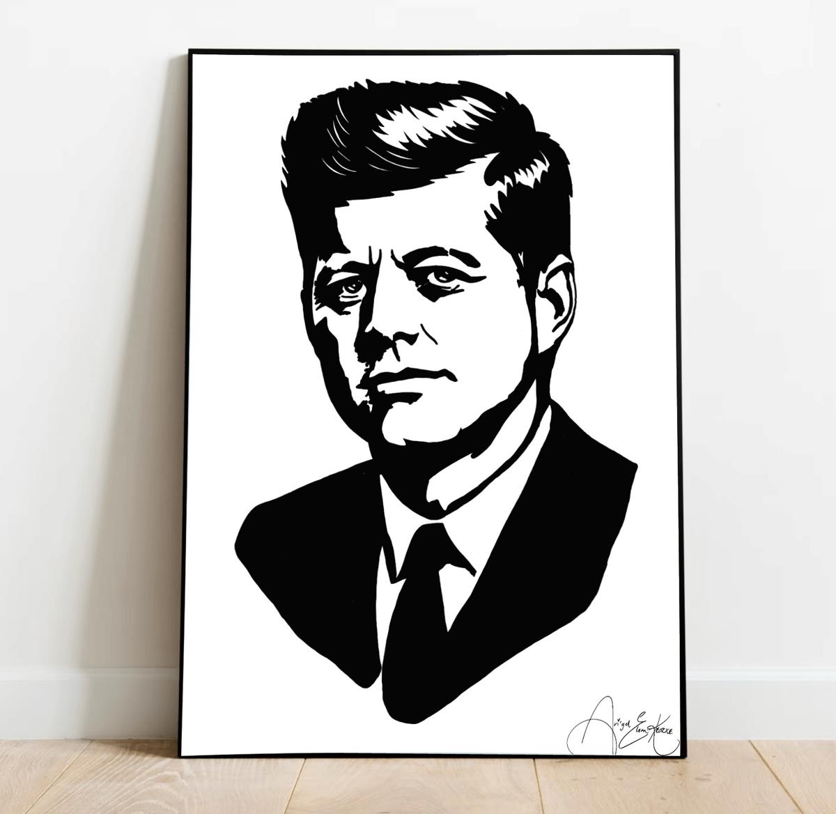 Black and white minimalist portrait illustration of a historic American leader with strong gaze and sharp suit silhouette, bold political style wall art print
