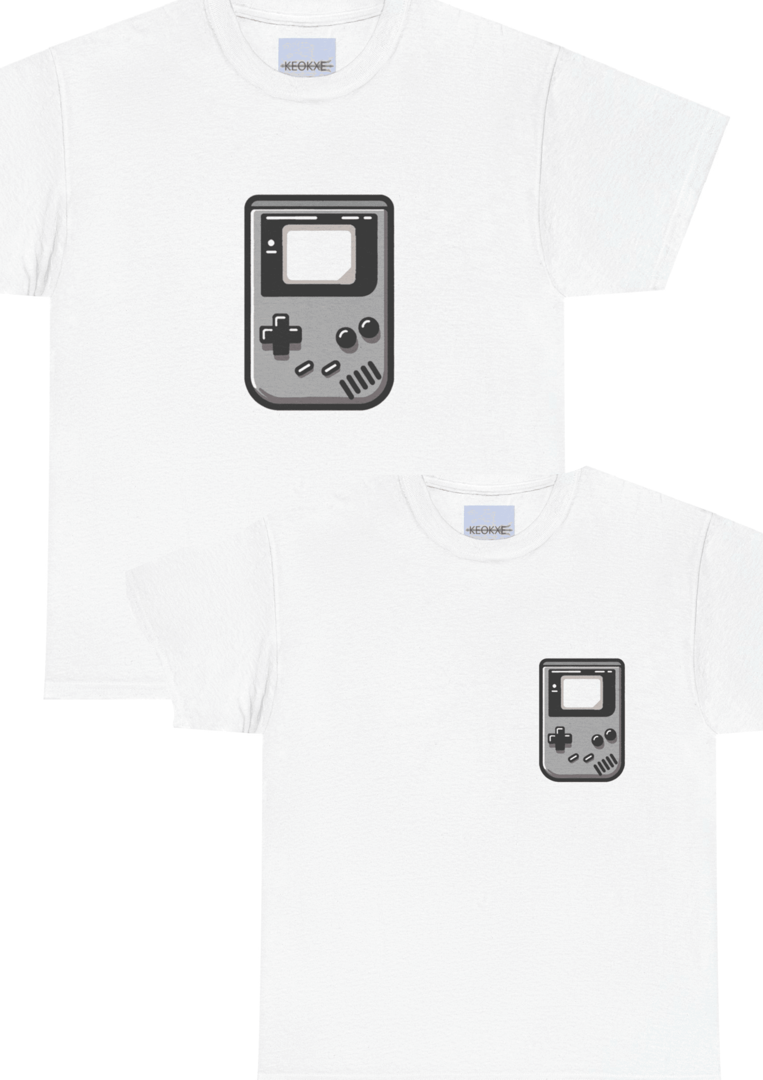 White T-shirt featuring a retro-style illustration of a classic Gameboy console. A nostalgic design for video game lovers and fans of vintage gaming consoles."