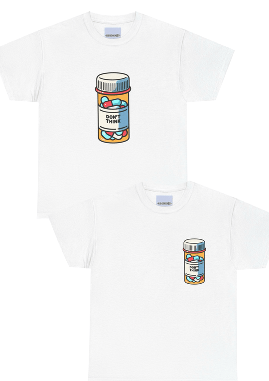 White T-shirt featuring a colorful illustration of a pill bottle with the phrase 'Don't Think' written on it. A bold and thought-provoking design, perfect for those who enjoy philosophical or satirical artwork."