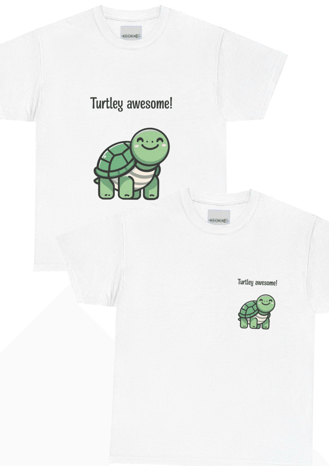 White T-shirt featuring a cartoon turtle with the phrase 'Turtley Awesome!' A cute and playful design, perfect for anyone who loves turtles and puns.