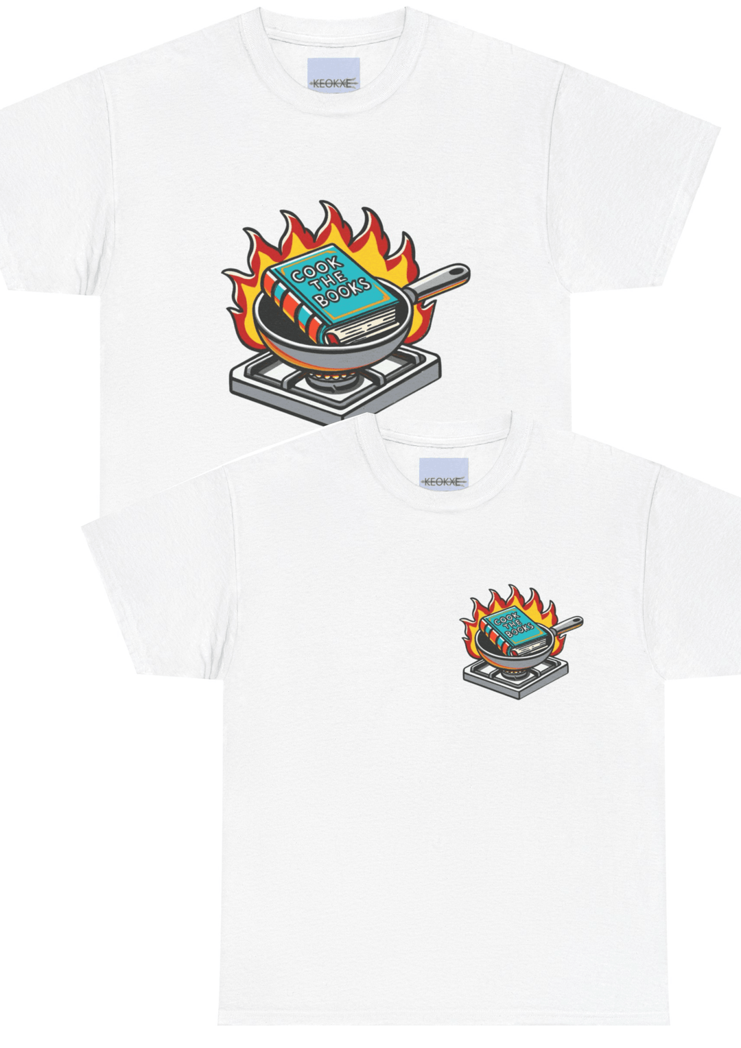 White T-shirt with an illustration of a burning book on a stove, humorously conveying the phrase 'Cook the Books.' A clever and cheeky design for book lovers and accountants alike.
