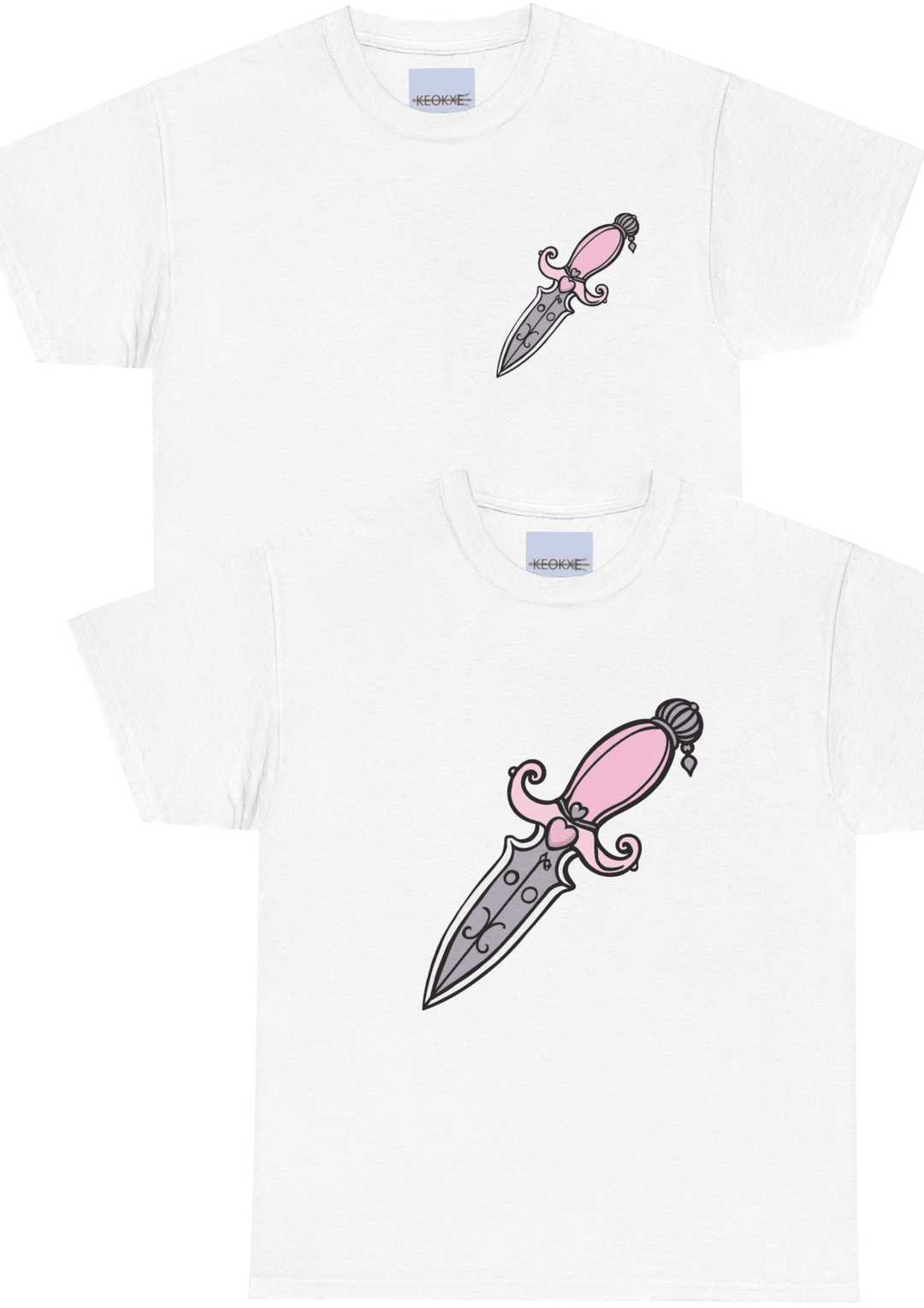 White unisex T-shirt featuring a pink dagger illustration with intricate detailing. A bold and edgy design for fans of vintage weaponry and statement fashion."

