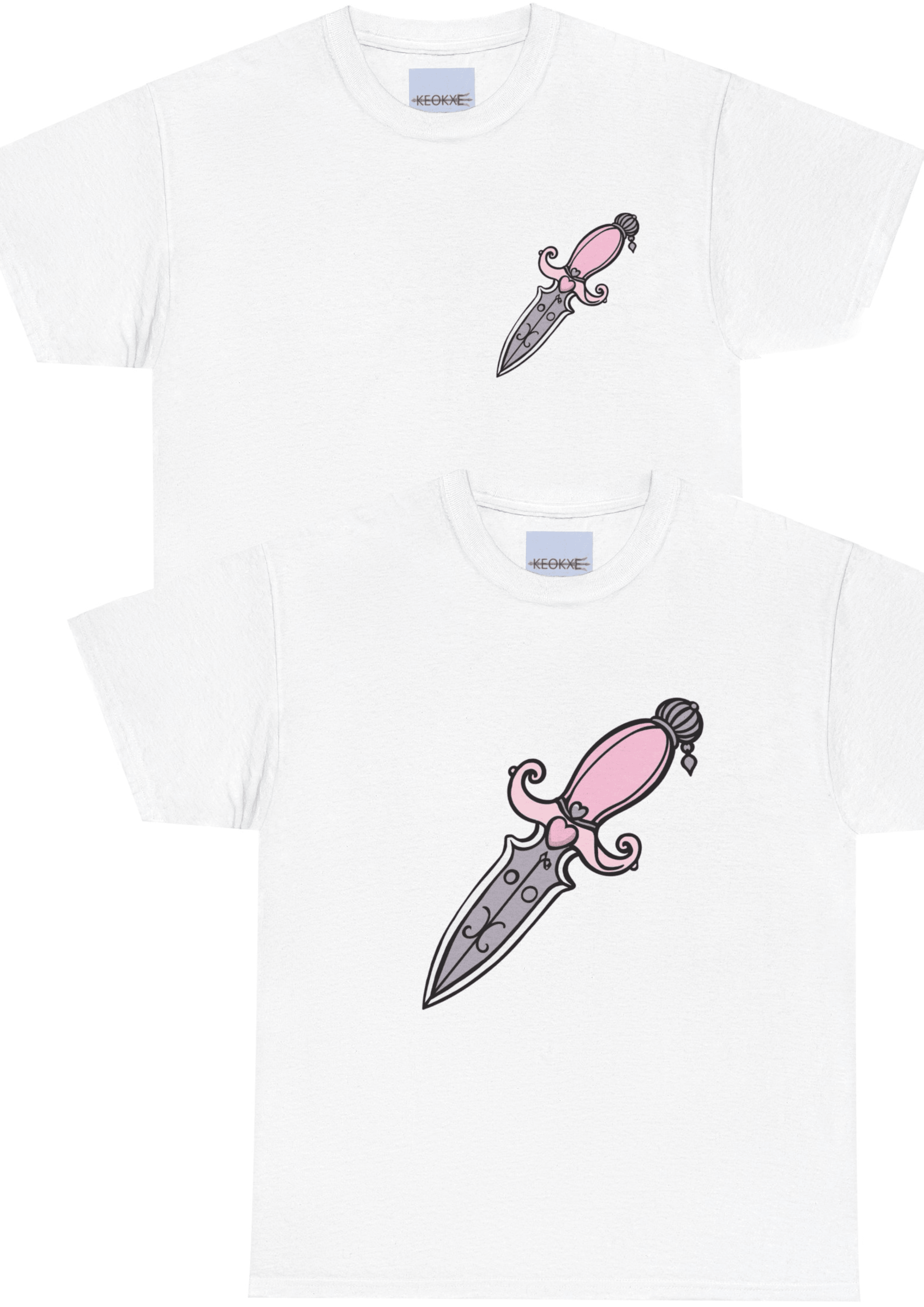 White unisex T-shirt featuring a pink dagger illustration with intricate detailing. A bold and edgy design for fans of vintage weaponry and statement fashion."

