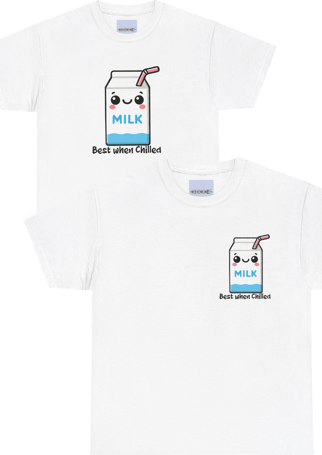 "White T-shirt featuring a cute illustration of a cartoon milk carton with the phrase 'Best When Chilled.' Made from 100% recycled cotton, this fun and eco-friendly tee promotes a relaxed and cool vibe."

