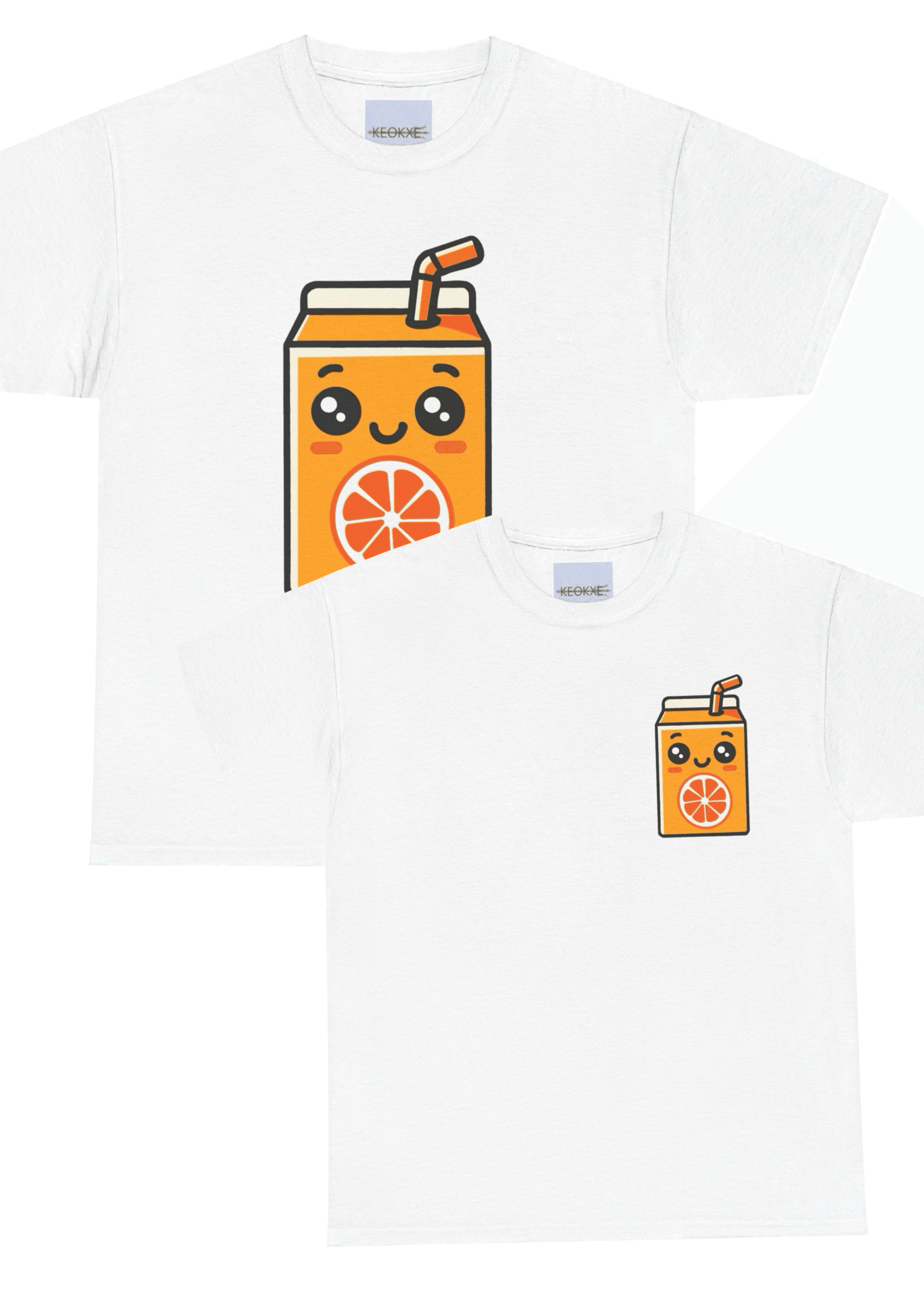White T-shirt with a cute cartoon orange juice box, smiling with a straw. A playful and colorful design, great for fans of whimsical and food-themed artwork