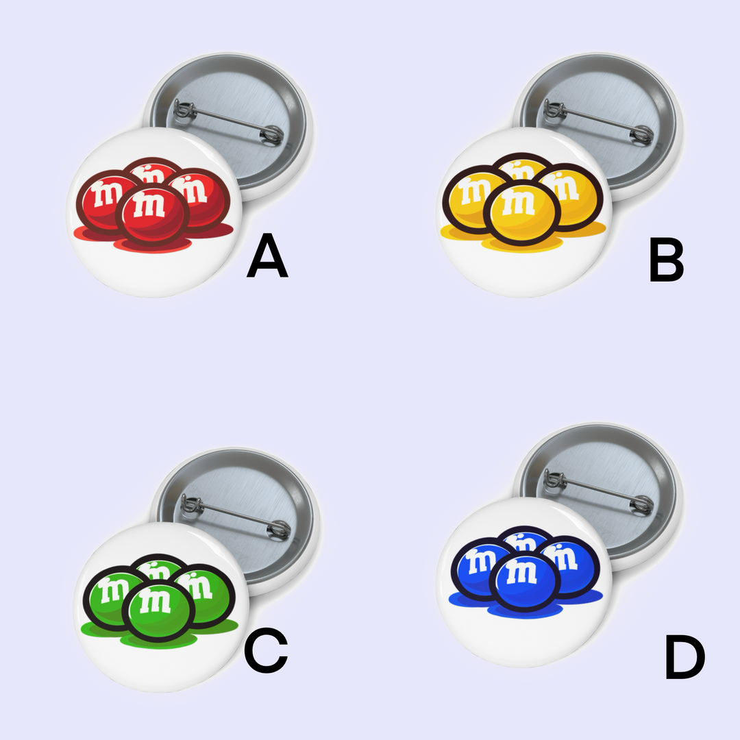  A: "Pin badge featuring a group of red M&Ms, stacked on top of each other with a playful expression." B: "Pin badge showing a group of yellow M&Ms, arranged in a stack with a happy face." C: "Pin badge with a stack of green M&Ms, smiling and arranged in a playful pile." D: "Pin badge depicting a group of blue M&Ms, all stacked with cheerful expressions."