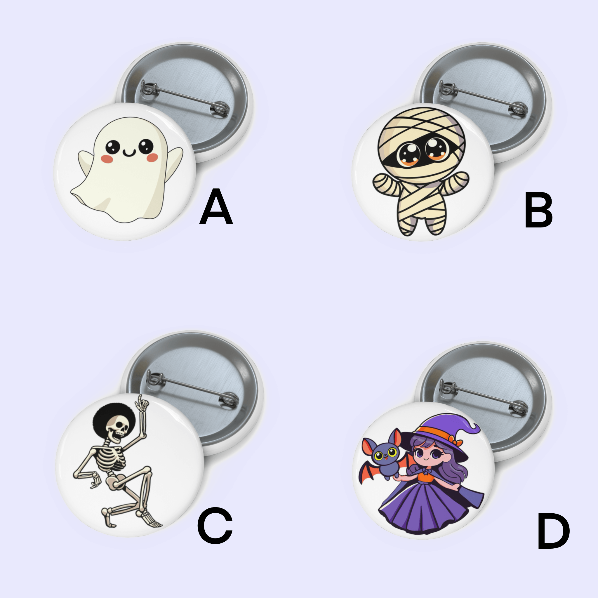 Get ready for some spooky fun with our Halloween Pin Badge Bundle! This enchanting pack features four charming accessories, all set against a whimsical light purple background. Meet the cute ghost with big eyes waving hello, the adorable mummy sporting button-like eyes, a lively skeleton showing off his dance moves with one arm raised, and a delightful witch dressed in purple alongside her tiny bat companion. Embrace the spirit of Halloween in style!